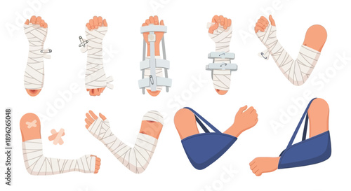 Anatomical illustrations of bandaged limbs and body parts depict injuries