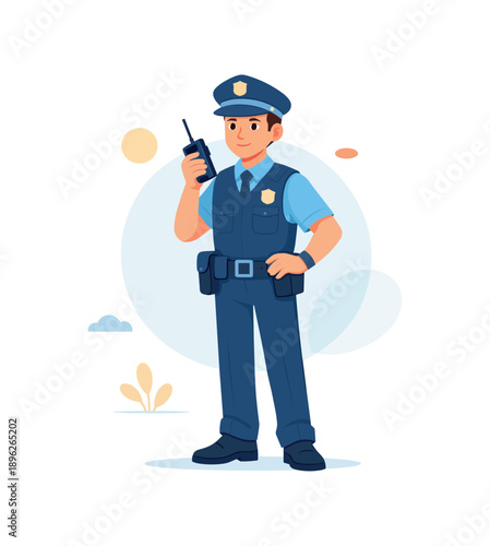 Police officer with radio communicator, flat vector illustration
