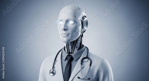 Futuristic humanoid medical assistant wearing a white coat and stethoscope stands ready for consultation
