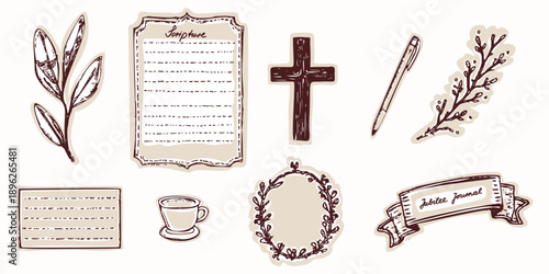 Christian bible study note journaling motif set. Hand drawn isolated vector elements bundle for religious christianity sermon notes, prayer journal, bible study for women aesthetic with cross frame