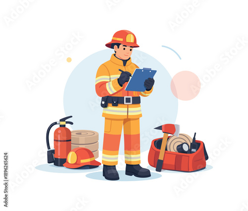 Firefighter with equipment and clipboard, flat vector illustration