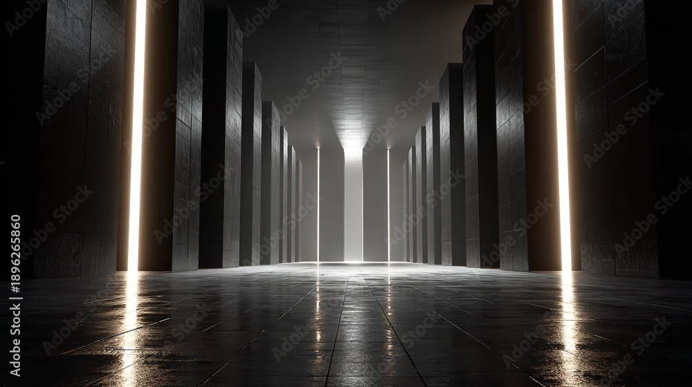 Obraz premium Dark industrial corridor featuring tall concrete pillars and white lights