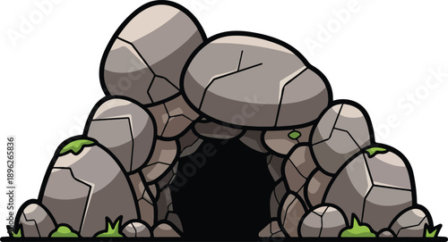 An entrance to a mysterious cave with rocks and greenery surrounding it, viewed from the front