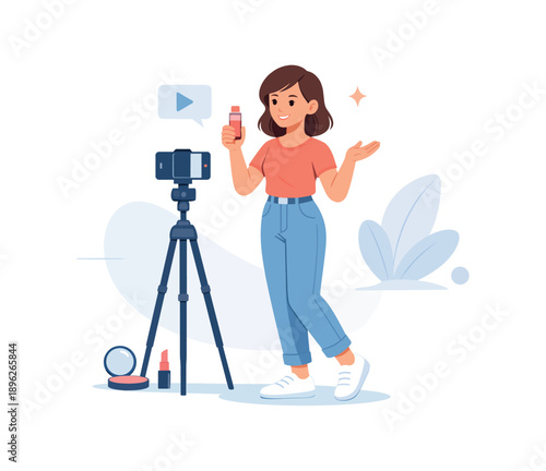 Smiling girl recording makeup tutorial with camera on tripod, flat vector illustration