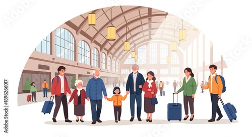 Illustration of a diverse family with children and adults walking together with luggage in a busy train station during Spring Festival holiday week.