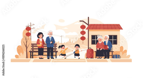 Illustration of a Chinese family with parents and two children traveling during the Spring Festival holiday week, sitting and standing near a train station with luggage, amidst a scene of