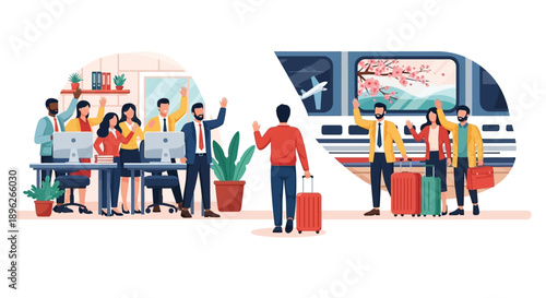 Illustration of people traveling and returning home for Spring Festival holiday with families, featuring train, bus, and plane transportation, in a vibrant and lively style.