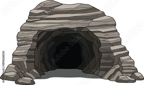 Illustration of a rocky cave entrance with layered stone and dark interior viewed from outside