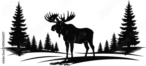 Moose silhouette forest landscape, wild animal nature scene, pine trees wilderness, majestic elk standing, black vector illustration isolated