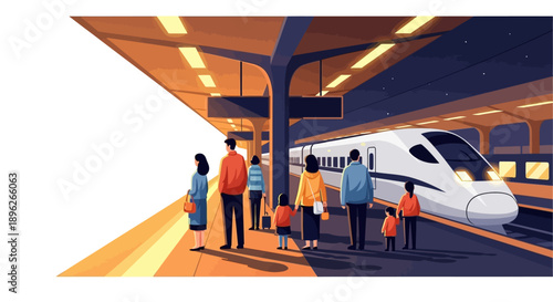 Illustration of a family with children waiting on a train platform during the Spring Festival holiday week in China, with a train and transportation options in the background.