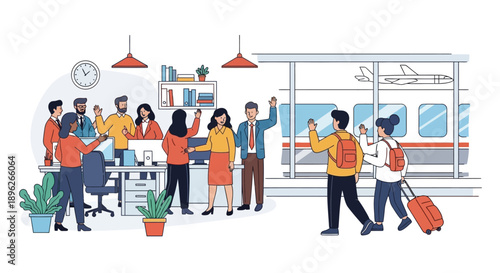 Illustration of a diverse group of people, including a family with a child, interacting and traveling during the China Spring Festival holiday week, with a train and cityscape in the