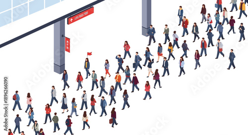 Illustration of a crowd of people walking in a train station during the Spring Festival holiday week in China, with families returning home for vacation.