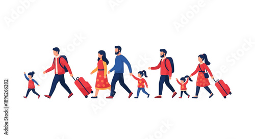 Illustration of a family with children traveling together during the China Spring Festival holiday week, carrying luggage and walking in a line.