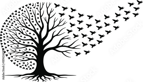 Black silhouette of a tree with heart-shaped leaves transforming into flying birds