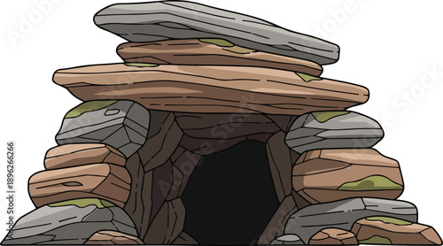 Ancient dolmen structure with moss and stones in a serene landscape, viewed from the front