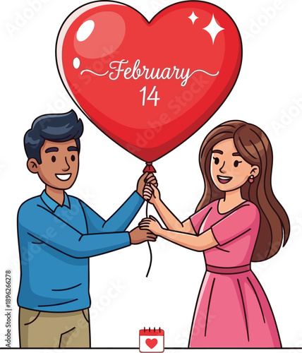 Couple holding red heart balloon with February 14 date on a special day together