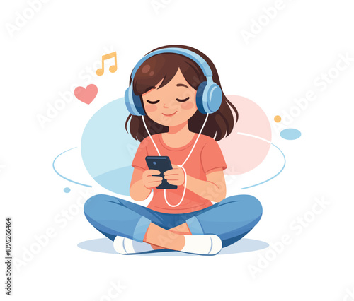 Girl listening to music on smartphone with headphones, flat vector illustration