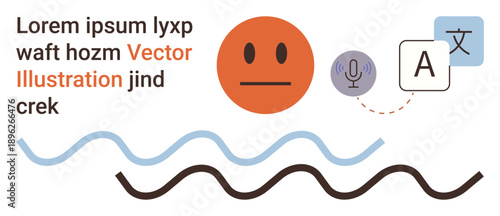 Language learning, translation tools, communication, multilingual support, speech-to-text, digital technology. Icons of speech bubble, text blocks and language symbols. Language learning