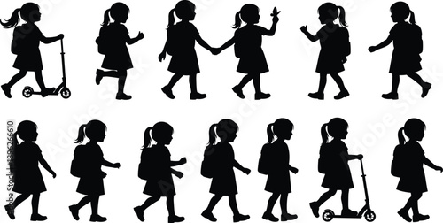Collection of Thirteen Little Schoolgirl Silhouette Vector Illustration Set, Young Students with Backpacks Walking and Riding Scooters for Back to School Education Design,