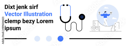 Stethoscope with connected wires, vibrant figure juggling near buildings. Ideal for health, wellness, fitness, healthcare, urban life, medical service, simple landing page