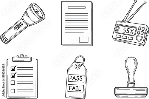 Inspection tools illustration, quality control icons, flashlight checklist clipboard artwork, evaluation pass fail concept, measurement device design, professional auditing graphic elements