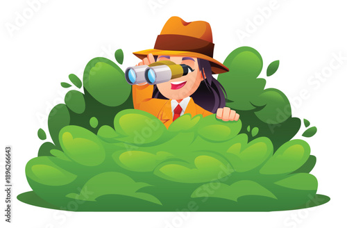Girl detective using binoculars while hiding behind green bushes in park. Vector cartoon illustration