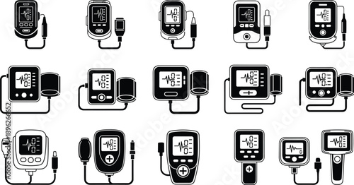Medical device icons, blood pressure monitors, glucometer illustrations, health technology artwork, diagnostic equipment design, personal healthcare tools, modern medical vector graphics