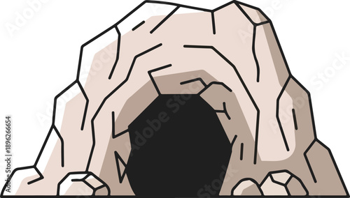 Illustration of a mysterious cave entrance surrounded by rugged rocky terrain viewed from the front