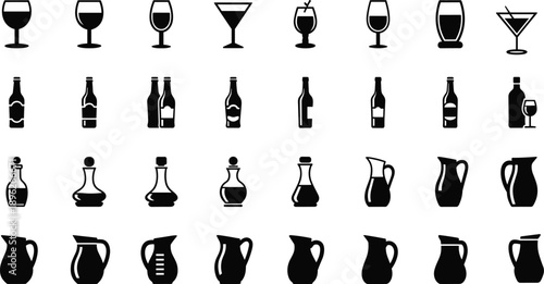 Collection of Thirty-Two Beverage Container Silhouette Vector Illustration Set, Different Wine Glasses Beer Bottles Decanters and Pitchers for Bar Kitchen and Restaurant Design,