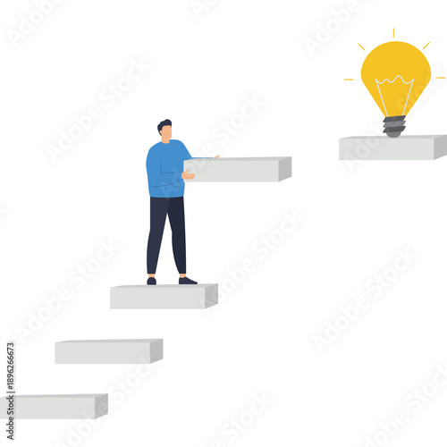 Man Building a Staircase Towards a Light Bulb Idea