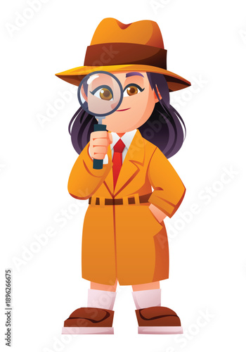 Young female detective wearing trench coat and holding magnifying glass up to eye. Vector cartoon character illustration