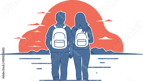 Couple with backpacks standing together at sunset, gazing out at the landscape, graphic illustration