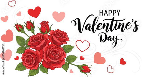 Valentine's Day bouquet of red roses and hearts illustration on a celebratory greeting card