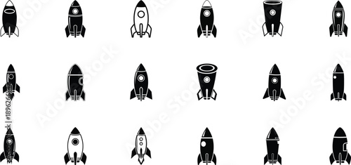 High-resolution vector rocket icons set, monochrome, flat design, isolated on white background, perfect for UI, infographics, and digital illustration.