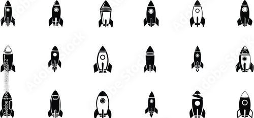 Monochrome vector illustration of rockets, clean minimal set, isolated on white, scalable for web, mobile apps, and tech or science-themed designs.