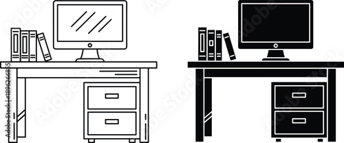 Office desk illustration, computer monitor design, filing cabinet artwork, outline and silhouette comparison, workplace furniture concept, professional business graphic element