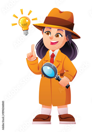 Smart girl detective with magnifying glass having a bright idea with light bulb icon. Vector cartoon character illustration