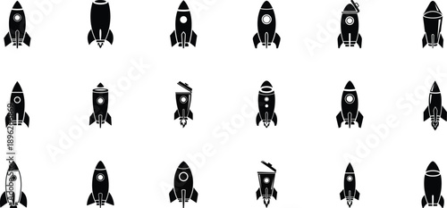 Set of futuristic monochrome rocket icons, flat vector design, isolated on white, ideal for space, technology, startup, and creative digital projects.