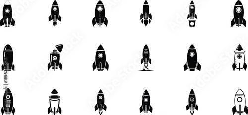 Minimalist vector rockets in black and white, isolated on white, scalable icons for web, app, and infographic designs, professional and versatile.