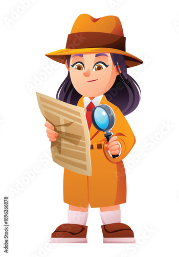 Curious girl detective holding magnifying glass while reading secret document paper. Vector cartoon character illustration