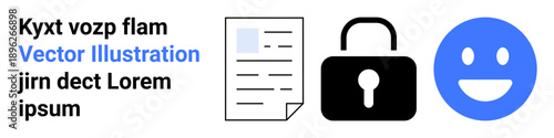Data privacy, file protection, user experience, cybersecurity, secure information, digital security. A document, lock and blue happy face. Data privacy and file protection concept