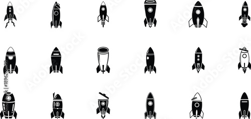 High-quality monochrome vector rockets set, flat design, scalable, isolated on white, suitable for digital design, presentations, and creative projects.