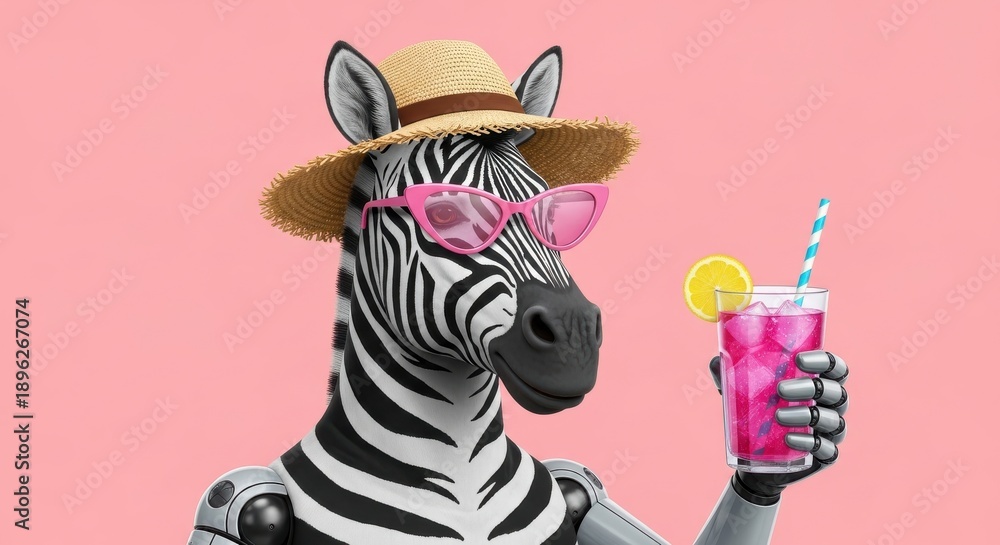 Obraz premium Anthropomorphic robotic zebra enjoys a refreshing beverage while wearing a straw hat and sunglasses against a solid background