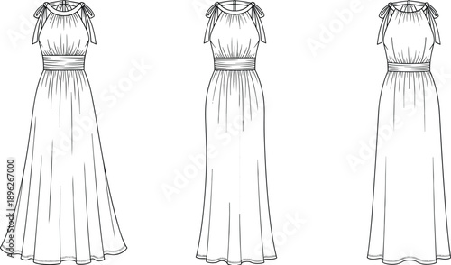 Elegant long evening dress fashion technical sketch, sleeveless tied shoulder gown outline illustration, minimalist bridal and formal wear design drawing