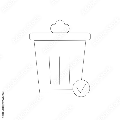 Trash can icon with check mark in minimal black line style. Represents confirmed delete, approved removal or completed action in UI and app design.