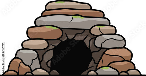 Ancient stone entrance to a mysterious cave or tunnel, viewed from the front, surrounded by rocks and stones in a natural setting