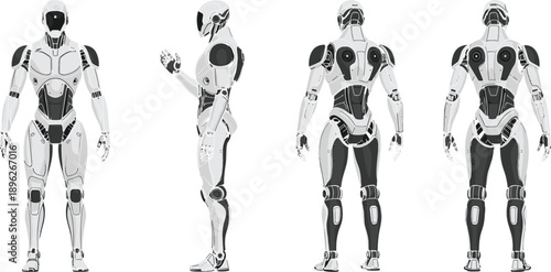 Full body views of a sleek white and black humanoid robot or cyborg, showing front, side, and back poses, representing futuristic technology and artificial intelligence.