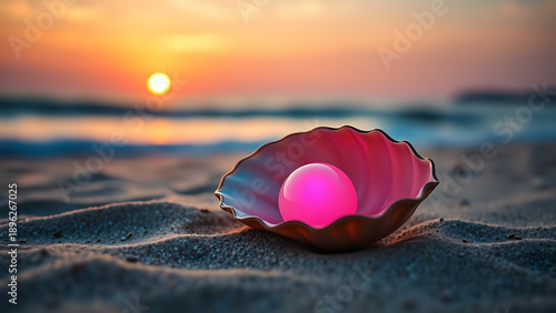 Glowing neon pink pearl inside an open seashell resting on sandy beach with ocean in background at sunset