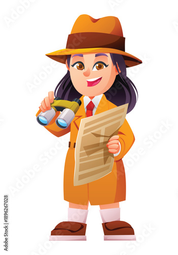 Girl detective holding binoculars and secret newspaper while looking for clues. Vector cartoon character illustration