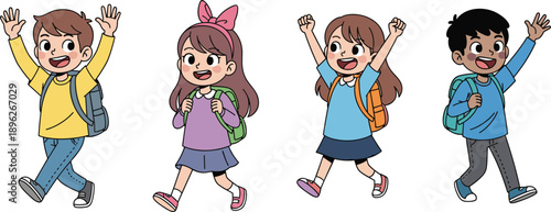 Group of four cheerful diverse cartoon school children carrying backpacks and excitedly waving or jumping, symbolizing back to school, elementary education, and happy learning.